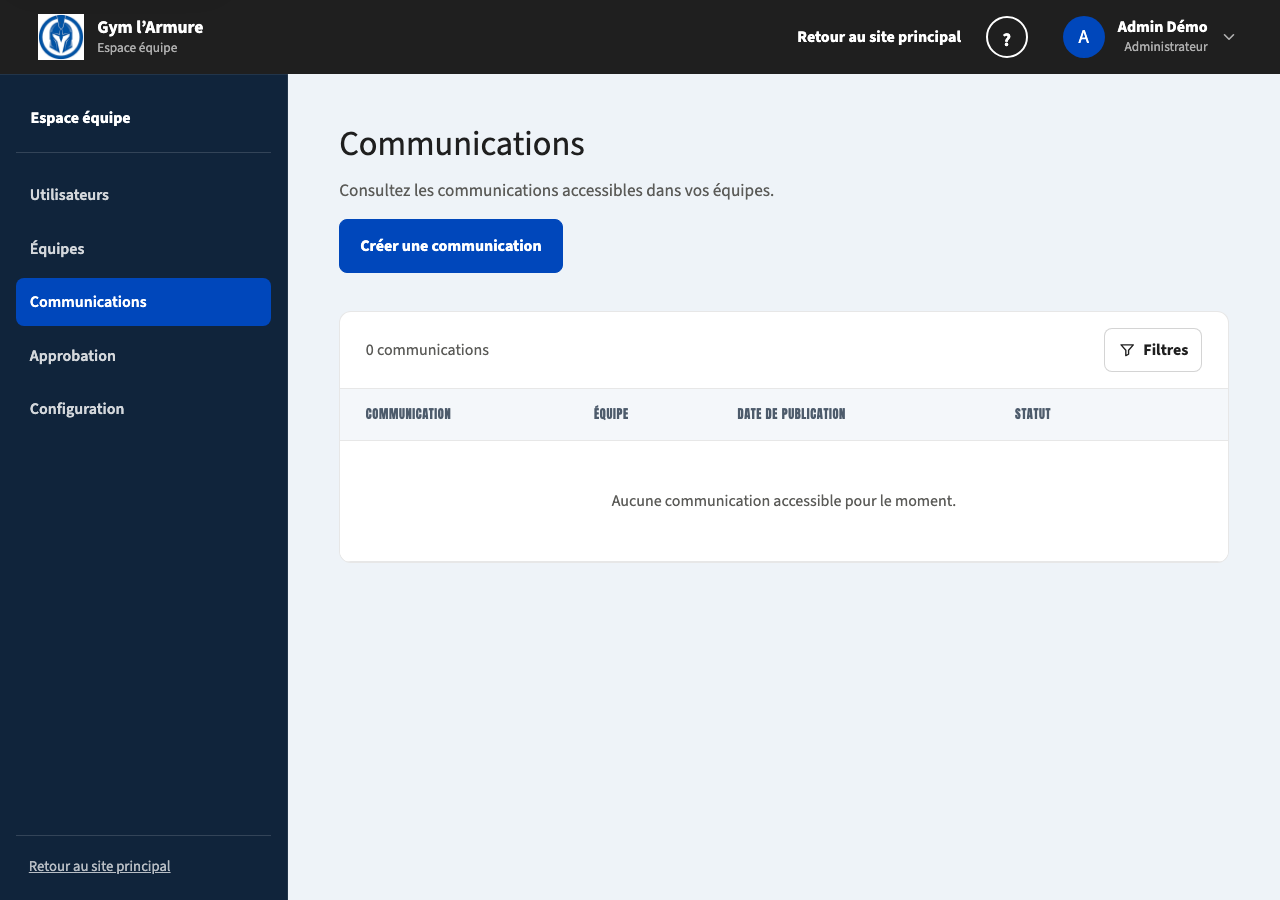 Liste des communications et bouton de création