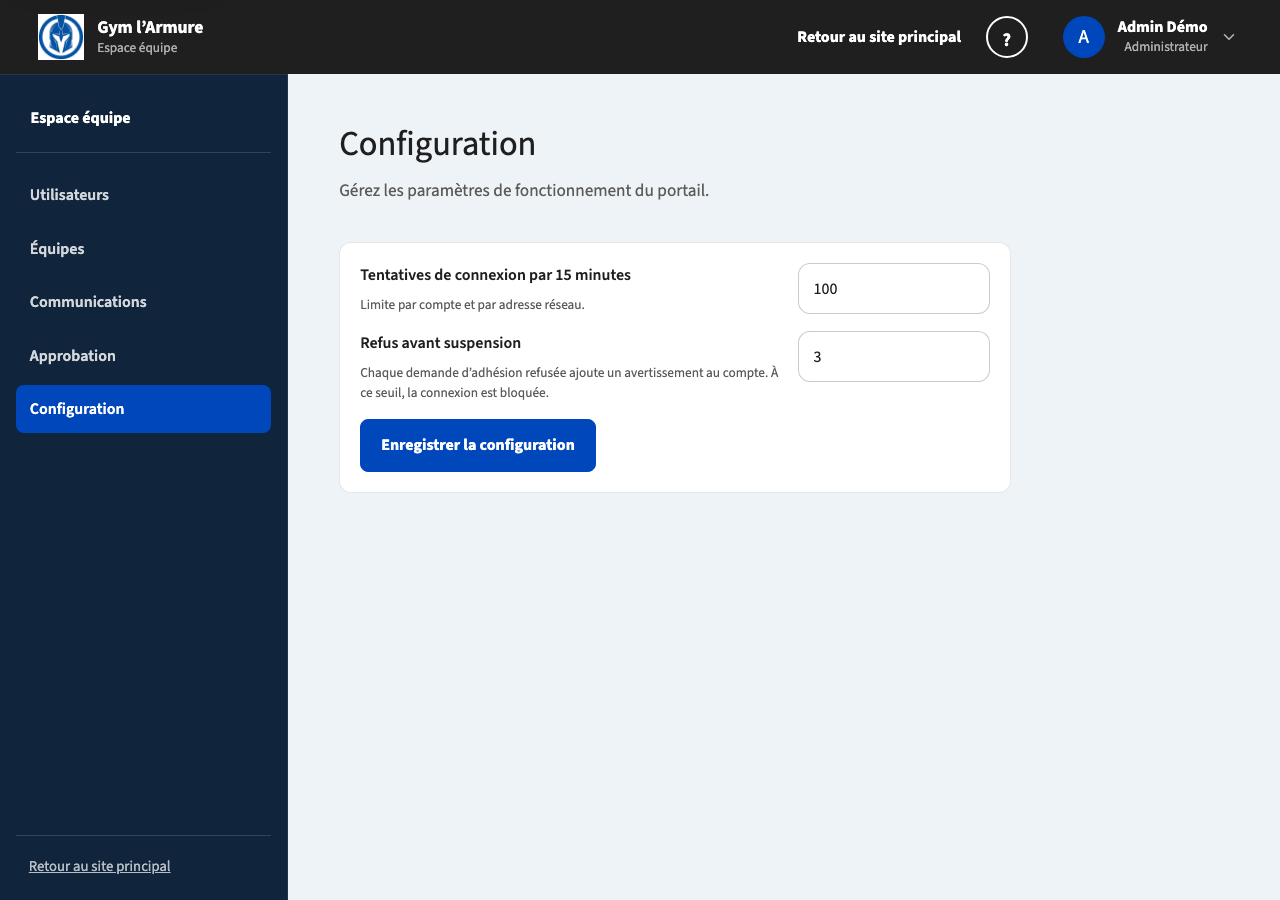 Configuration avec libellés à gauche et valeurs à droite