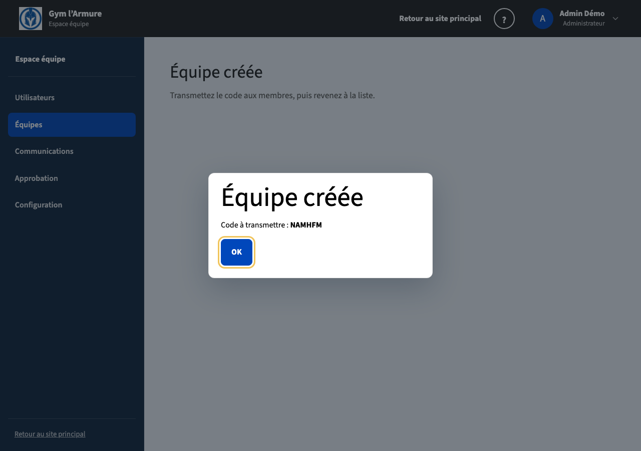 Confirmation Équipe créée et code à transmettre