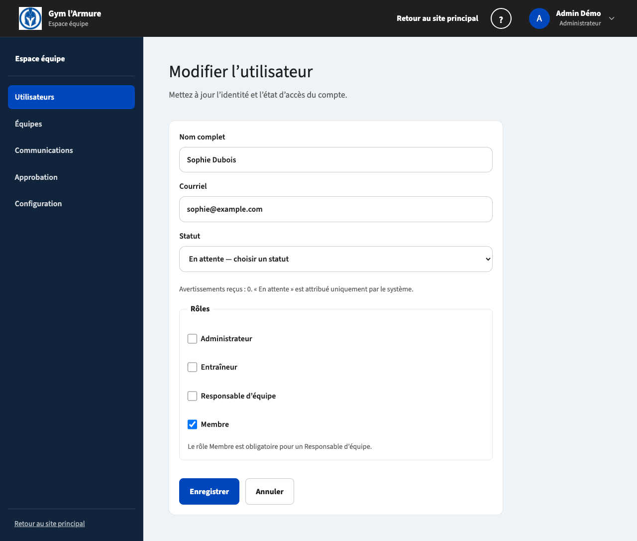 Formulaire de modification d’un utilisateur