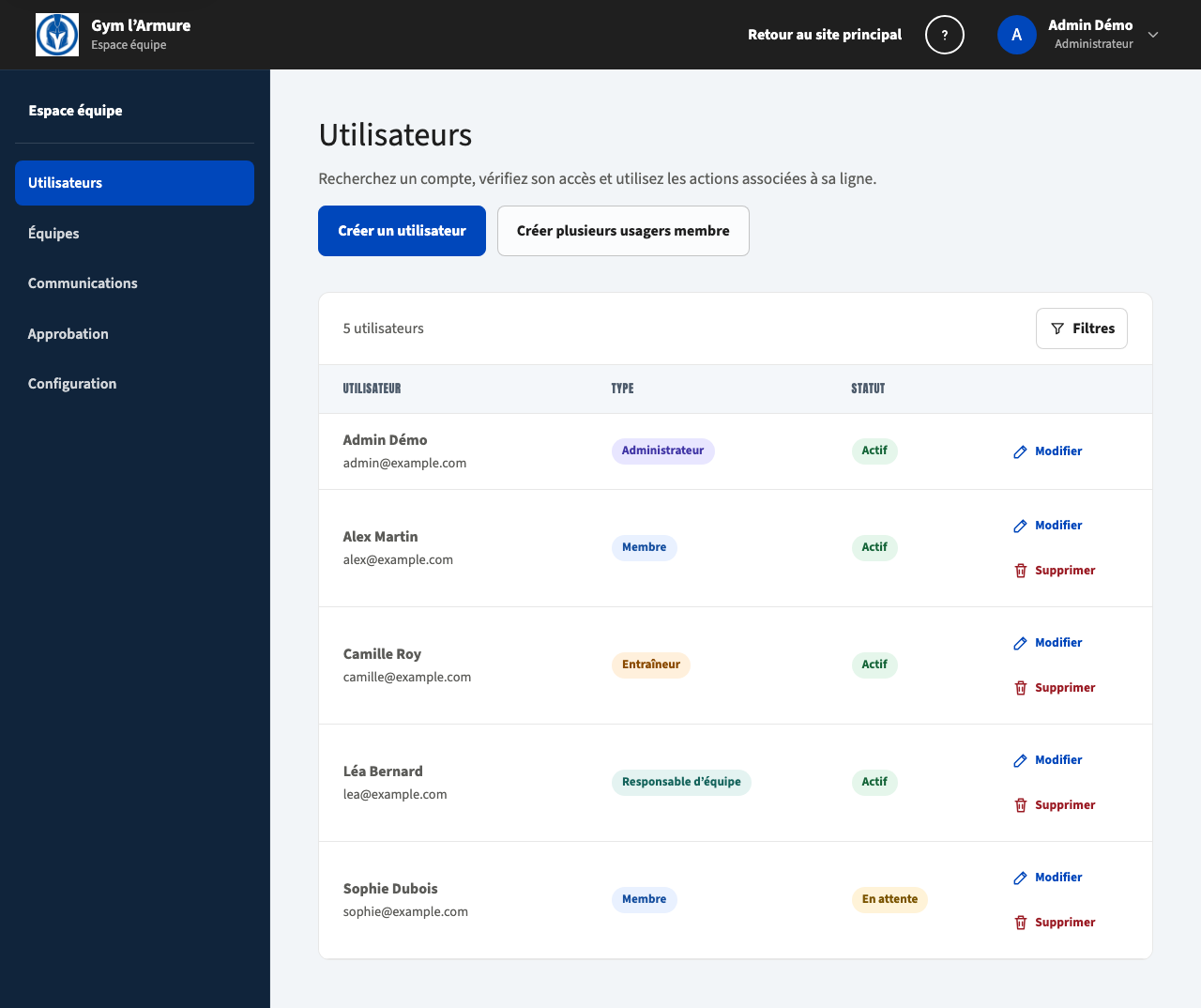 Liste des utilisateurs avec les boutons Créer un utilisateur et Créer plusieurs usagers membre