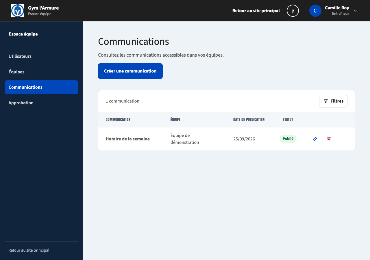 Liste des communications de l’entraîneur