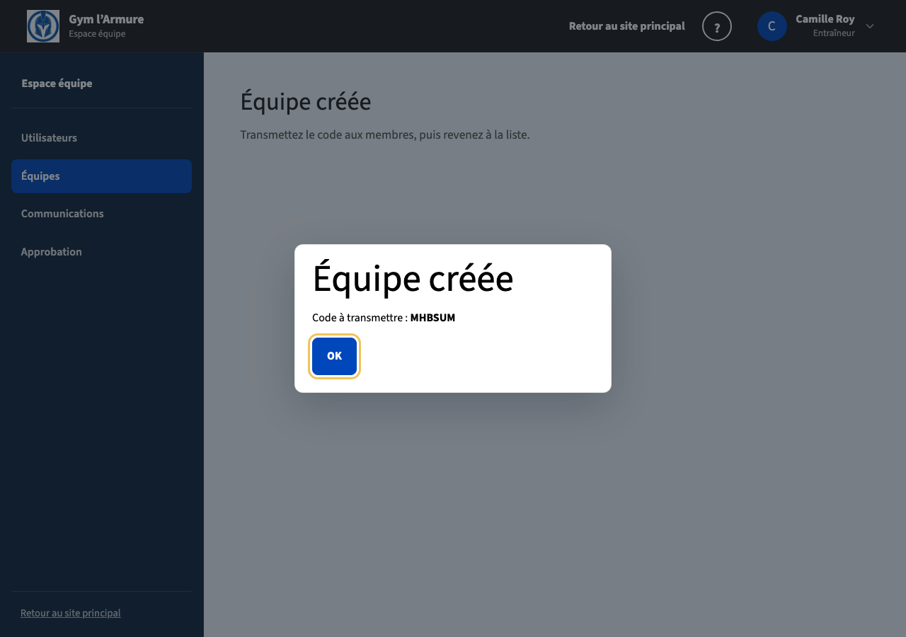 Confirmation de création et code d’équipe