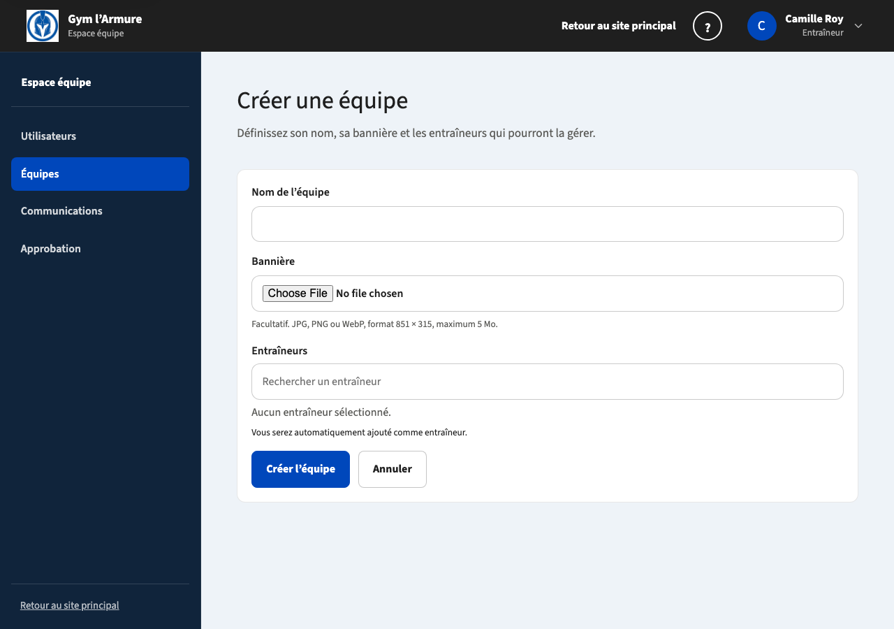Formulaire de création d’une équipe par un entraîneur