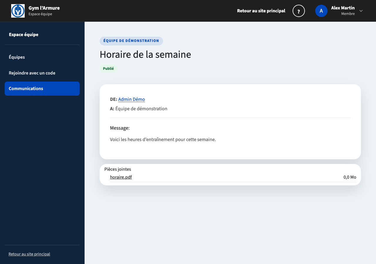 Communication publiée avec message et pièce jointe