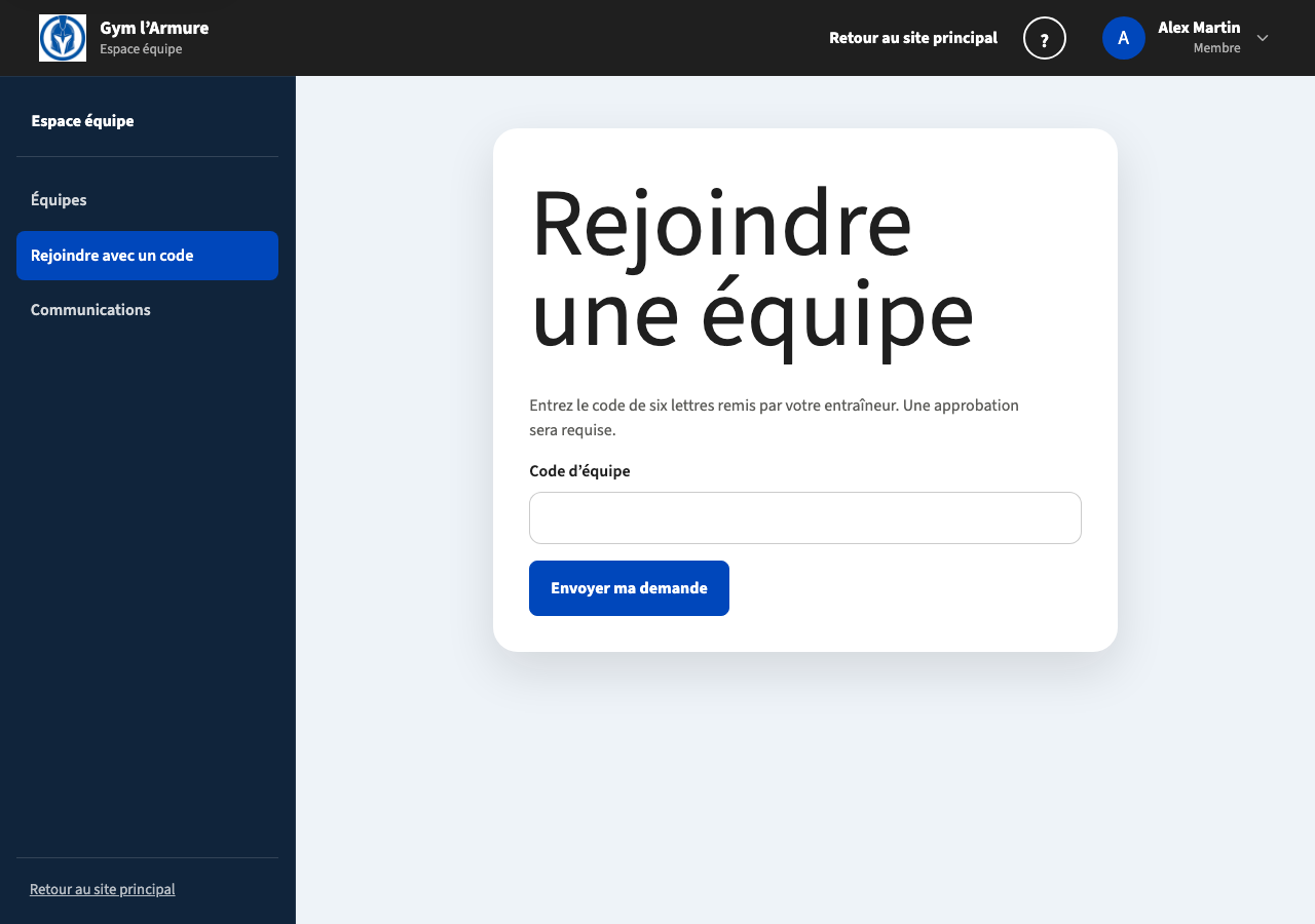 Formulaire pour entrer le code d’équipe